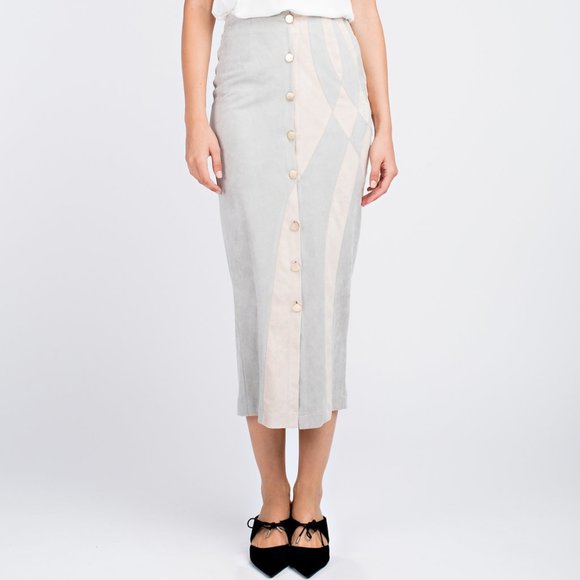 Geometric Pattern Detail Button Midi Skirt. - Picture 1 of 3